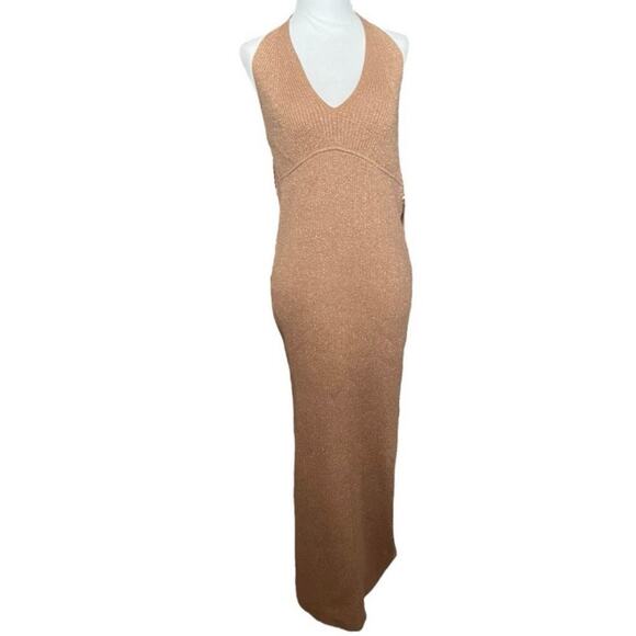 ALLSAINTS Lexi Halter Ribbed Knit Dress in Praline Metallic Size L - Picture 3 of 10